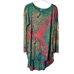 Kathmandu Imports Tie Dye‎ Long Sleeve Tunic Dress Green Red Abstract Bohemian S